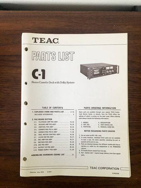 TEAC C-1 Cassette Parts List Manual *Original*