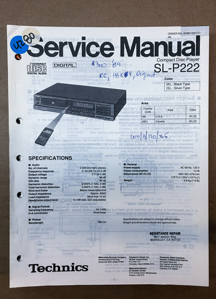 Technics SL-P222 CD Player  Service Manual *Original*