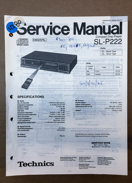 Technics SL-P222 CD Player  Service Manual *Original*