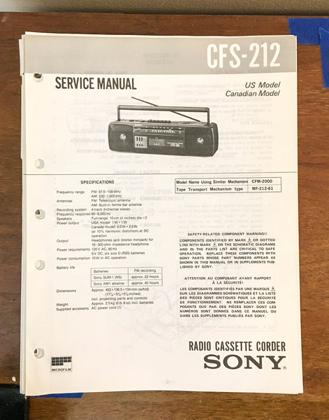 Sony CFS-212 Stereo Cassette Recorder Service Manual *Original*