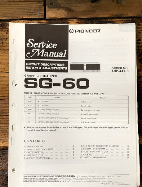 Pioneer SG-60 Equalizer  Service Manual *Original*