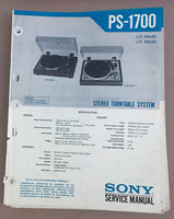 Sony PS-1700 Turntable Record Player  Service Manual Supplement *Original*