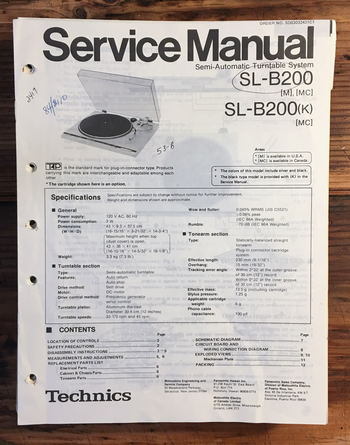 Technics SL-B200 Turntable / Record Player  Service Manual *Original*