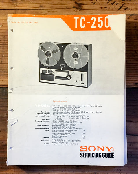 Sony TC-250 Reel to Reel Service Manual *Original*