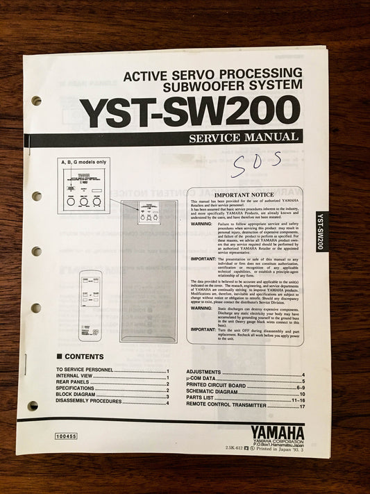 Yamaha YST-SW200 Subwoofer Service Manual *Original*