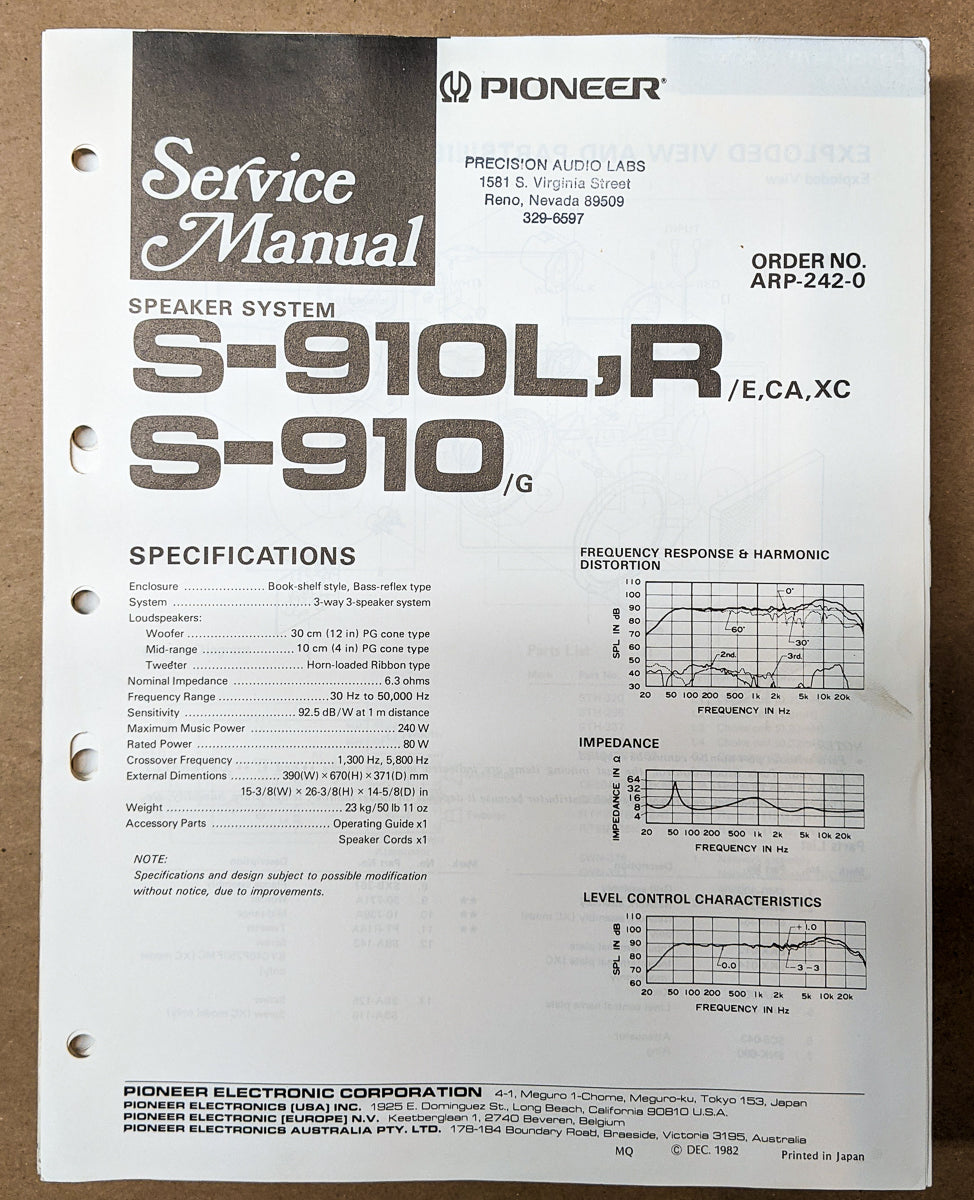 Pioneer S-910 S-910L S-910R Speaker Service Manual *Original*