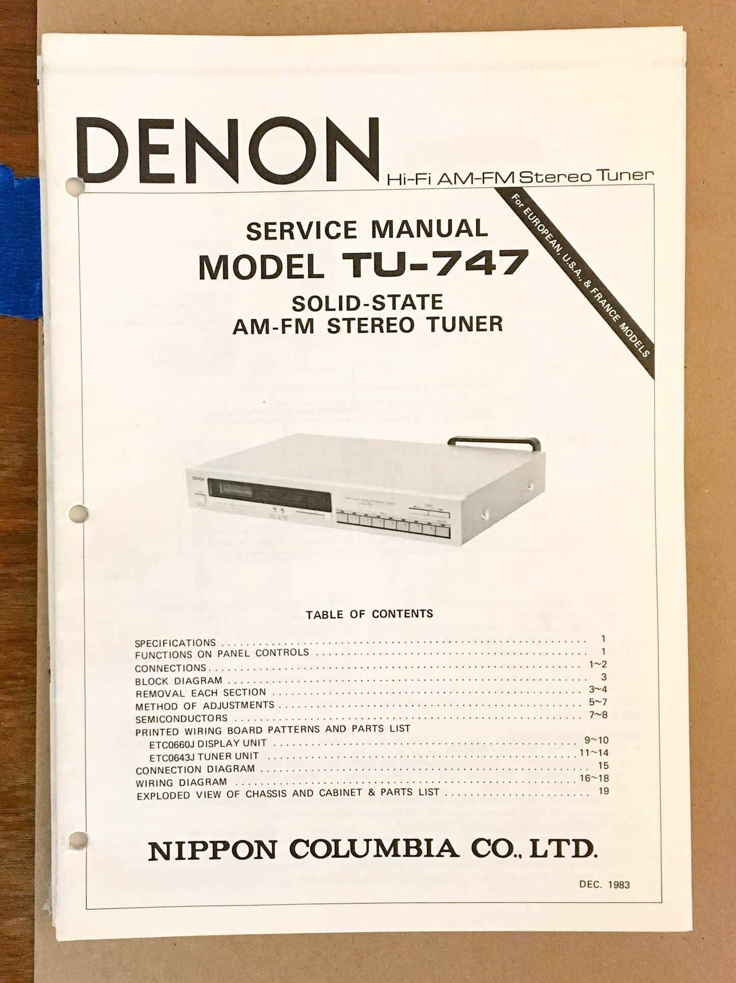 Denon TU-747 Tuner  Service Manual *Original*