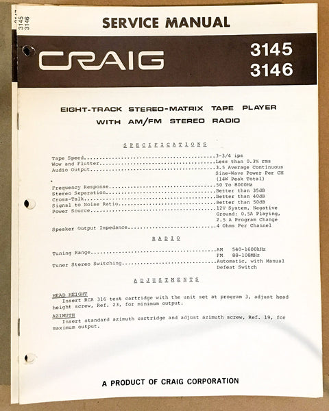 Craig Model 3145 3146 8 Track Stereo Service Manual *Original*