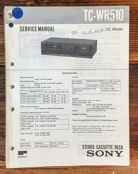 Sony TC-WR510 Cassette Deck  Service Manual *Original*