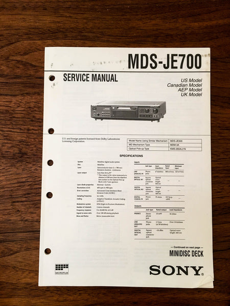 Sony MDS-JE700 MD Mini Disc Service Manual *Original*