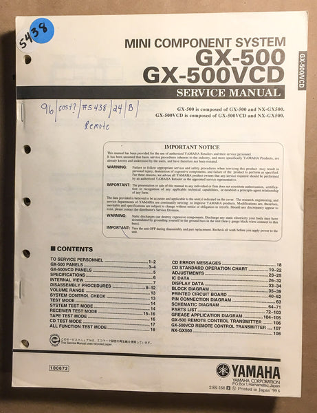 Yamaha GX-500 GX-500VCD Stereo System  Service Manual *Original*