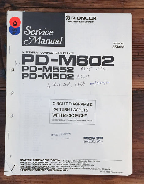 Pioneer PD-M602 PD-M552 PD-M502 CD Player 1 Service Manual *Original*