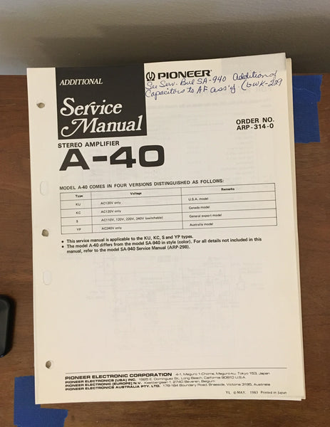 Pioneer A-40 Amplifier Service Manual *Original* #1