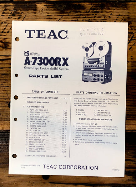 Teac A-7300RX Reel to Reel Parts List Manual *Original*