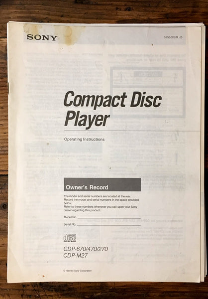 Sony CDP-270 -470 -670 -M27 CD Player User / Owner Manual *Original*