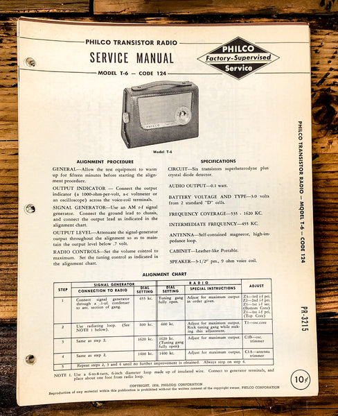 Philco Ford T-6 Code 124 Radio Service Manual *Original*