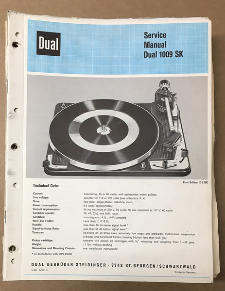 Dual Model 1009 SK Record Player / Turntable Service Manual *Original*