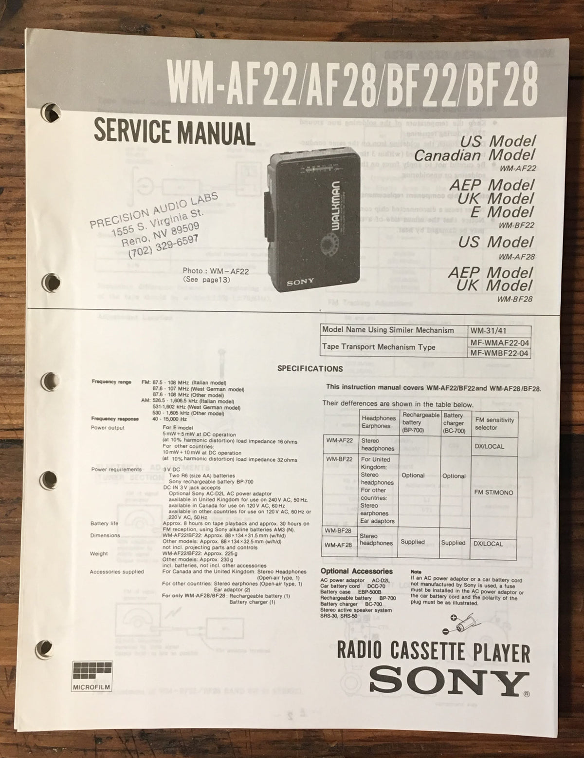 Sony WM-AF22 -AF28 -BF22 -BF28 Cassette Service Manual *Original*