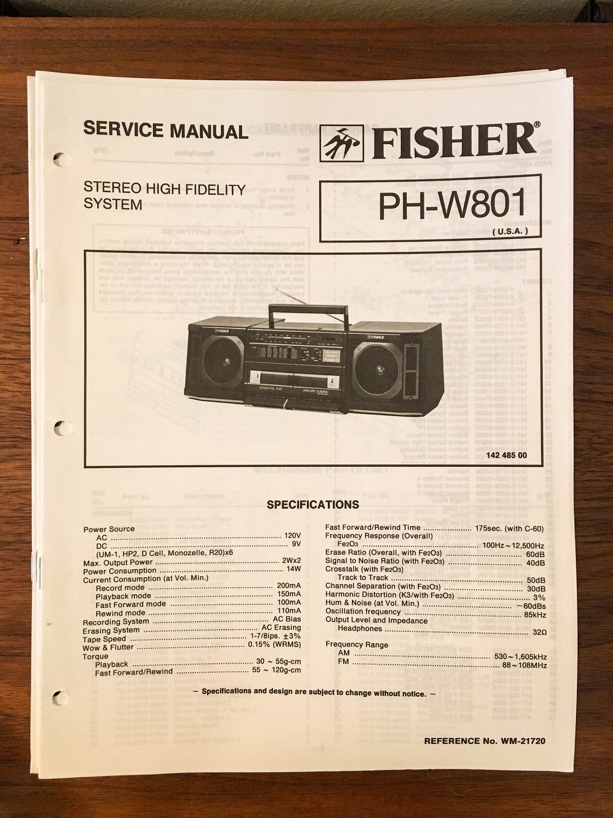 Fisher PH-W801 Boombox Radio Service Manual *Original*