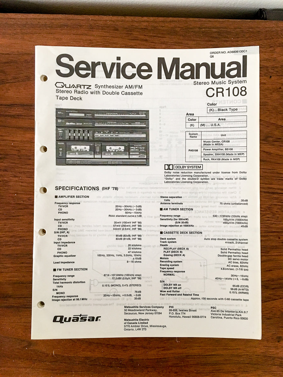 Quasar / Technics CR108 CR-108 Stereo Service Manual *Original*