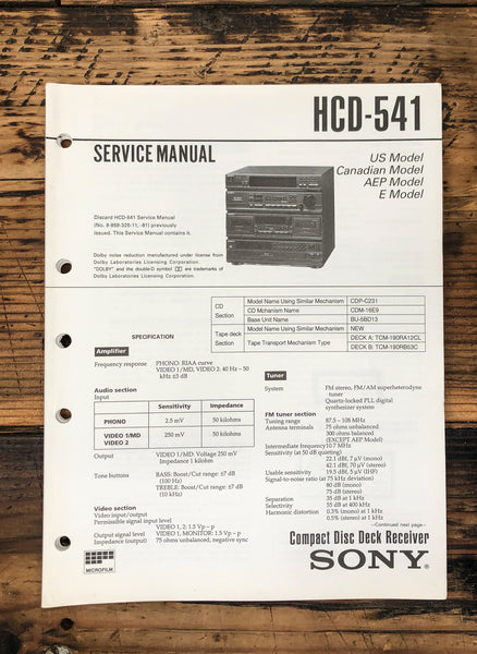 Sony HCD-541 Stereo  Service Manual *Original* #2