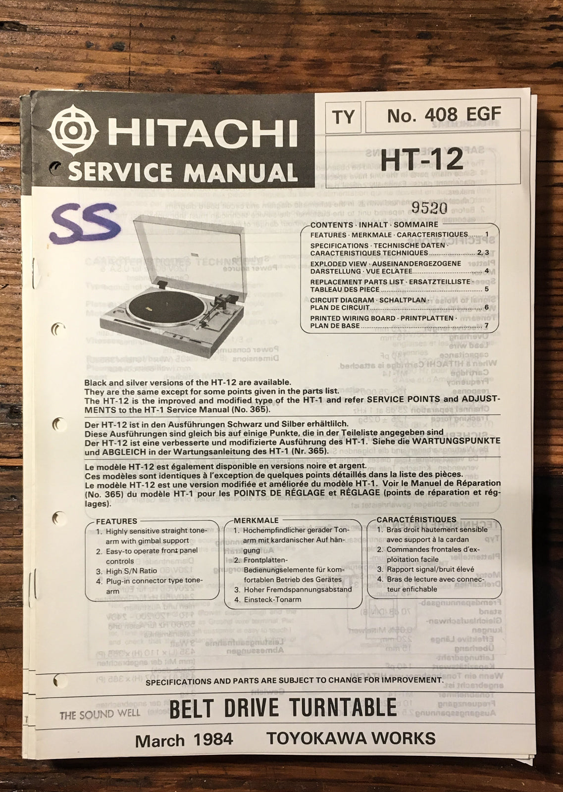 Hitachi HT-12 Record Player / Turntable  Service Manual *Original*