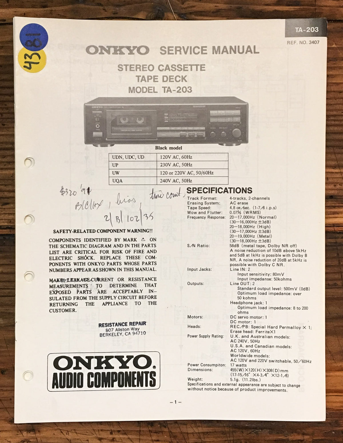 Onkyo TA-203 Cassette  Service Manual *Original*
