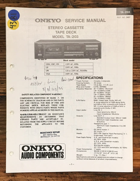Onkyo TA-203 Cassette  Service Manual *Original*