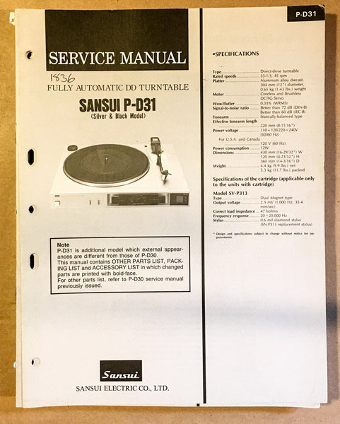 Sansui P-D31 Record Player / Turntable Service Manual *Original*
