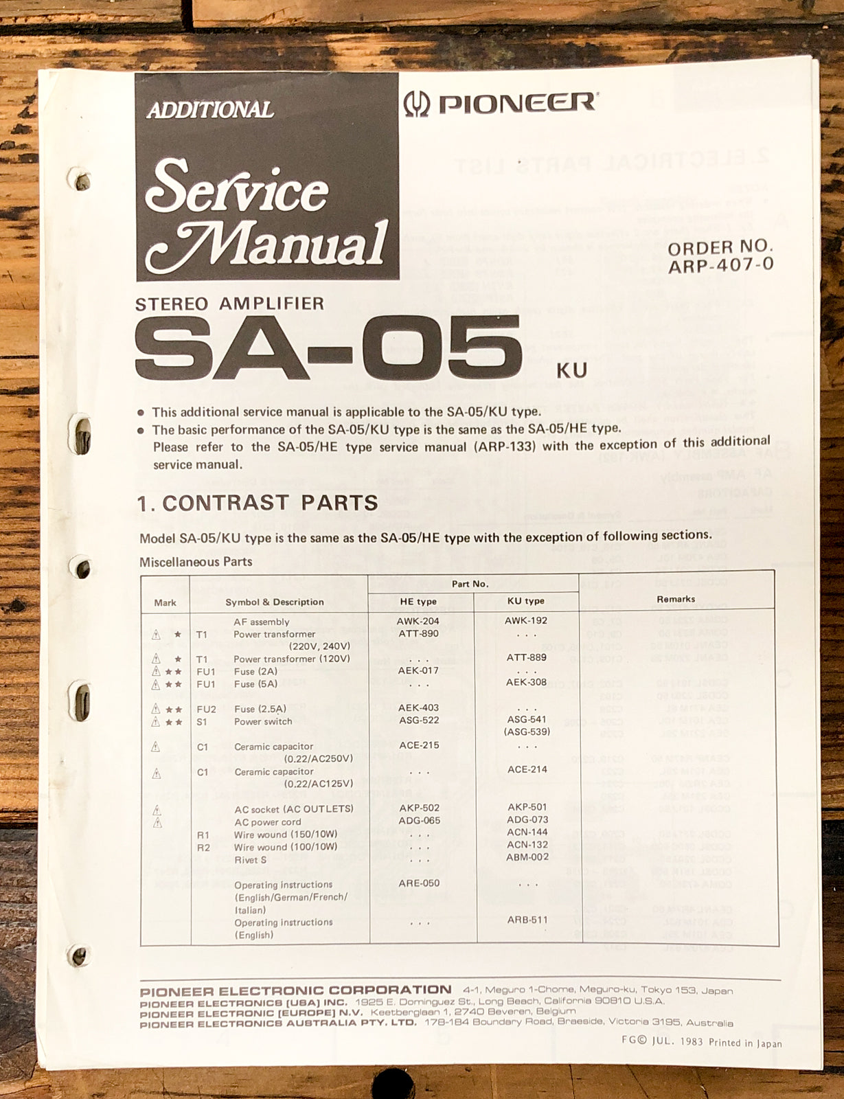 Pioneer SA-05 Amplifier Add. Service Manual *Original*