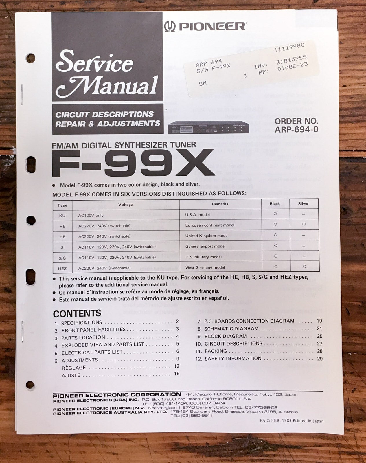 Pioneer F-99X Tuner  Service Manual *Original*