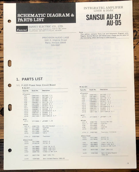Sansui AU-D5 AU-D7 Amplifier Schematics / Parts List Manual *Orig*