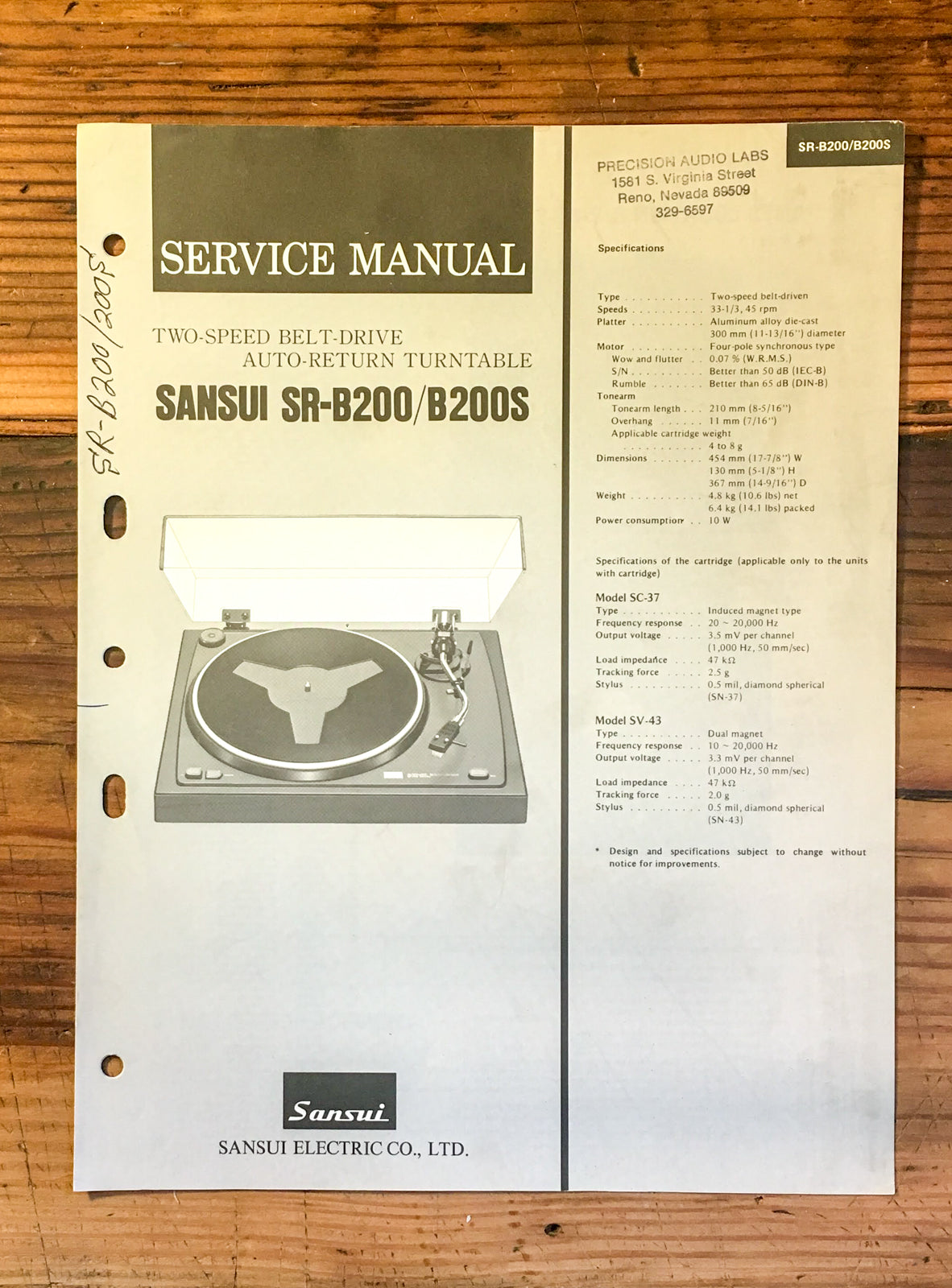 Sansui SR-B200 SR-B200S Record Player / Turntable Service Manual *Original*