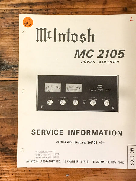 McIntosh MC2105 MC-2105 Amplifier Service Manual *Original* #2