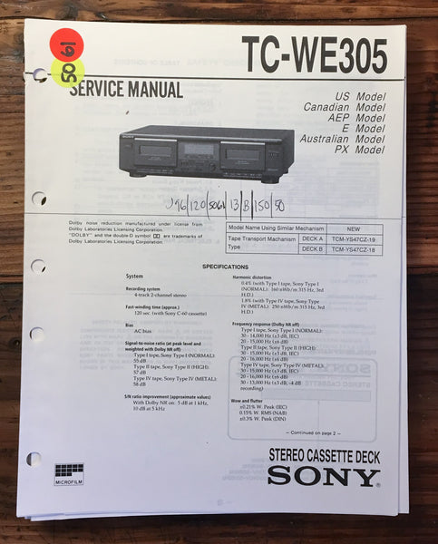 Sony TC-WE305 Cassette  Service Manual *Original*