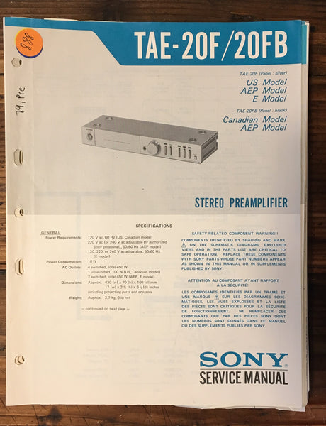 Sony TAE-20F TAE-20FB Preamp / Preamplifier Service Manual *Original*