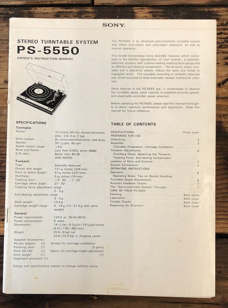 Sony PS-5550 Record Player / Turntable  Owner / User Manual *Original*