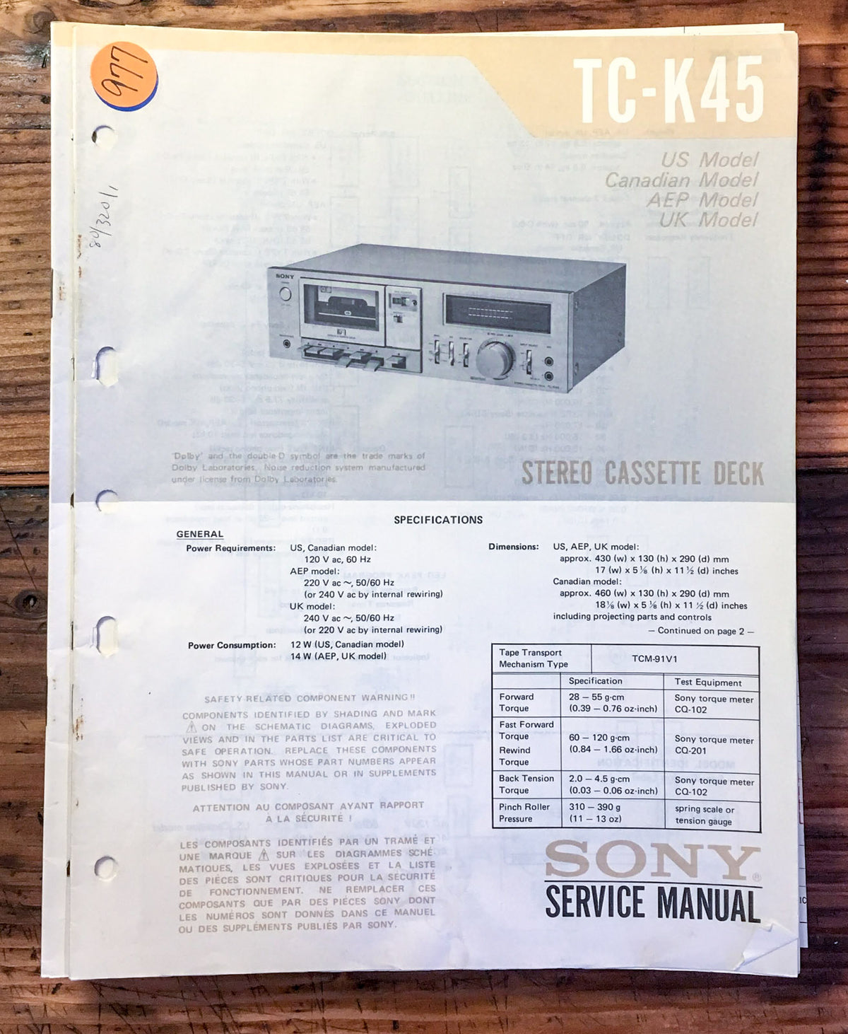 Sony TC-K45 Cassette Deck  Service Manual *Original*