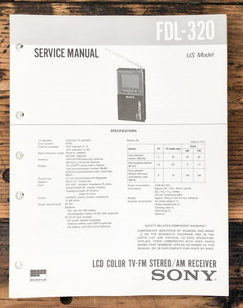 Sony FDL-320 TV Tuner  Service Manual *Original*