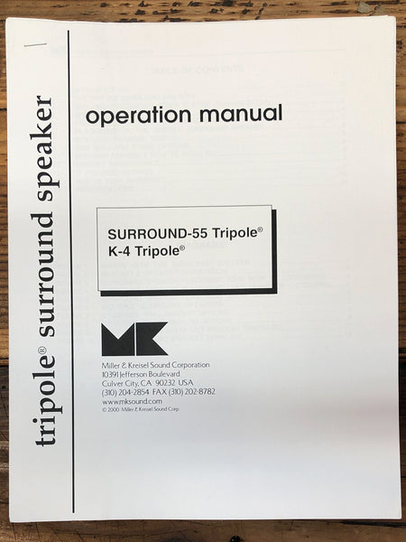 M&K Miller Kreisel Surround-55 K-4 Tripole Speaker  Owner / User Manual *Original*