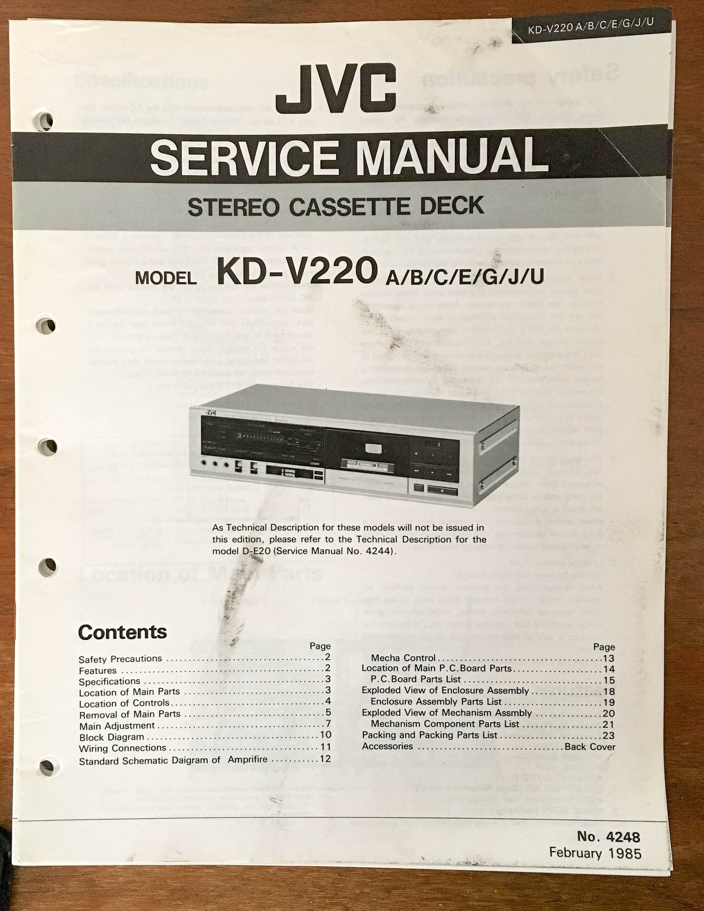 JVC KD-V220 Cassette Deck  Service Manual *Original*