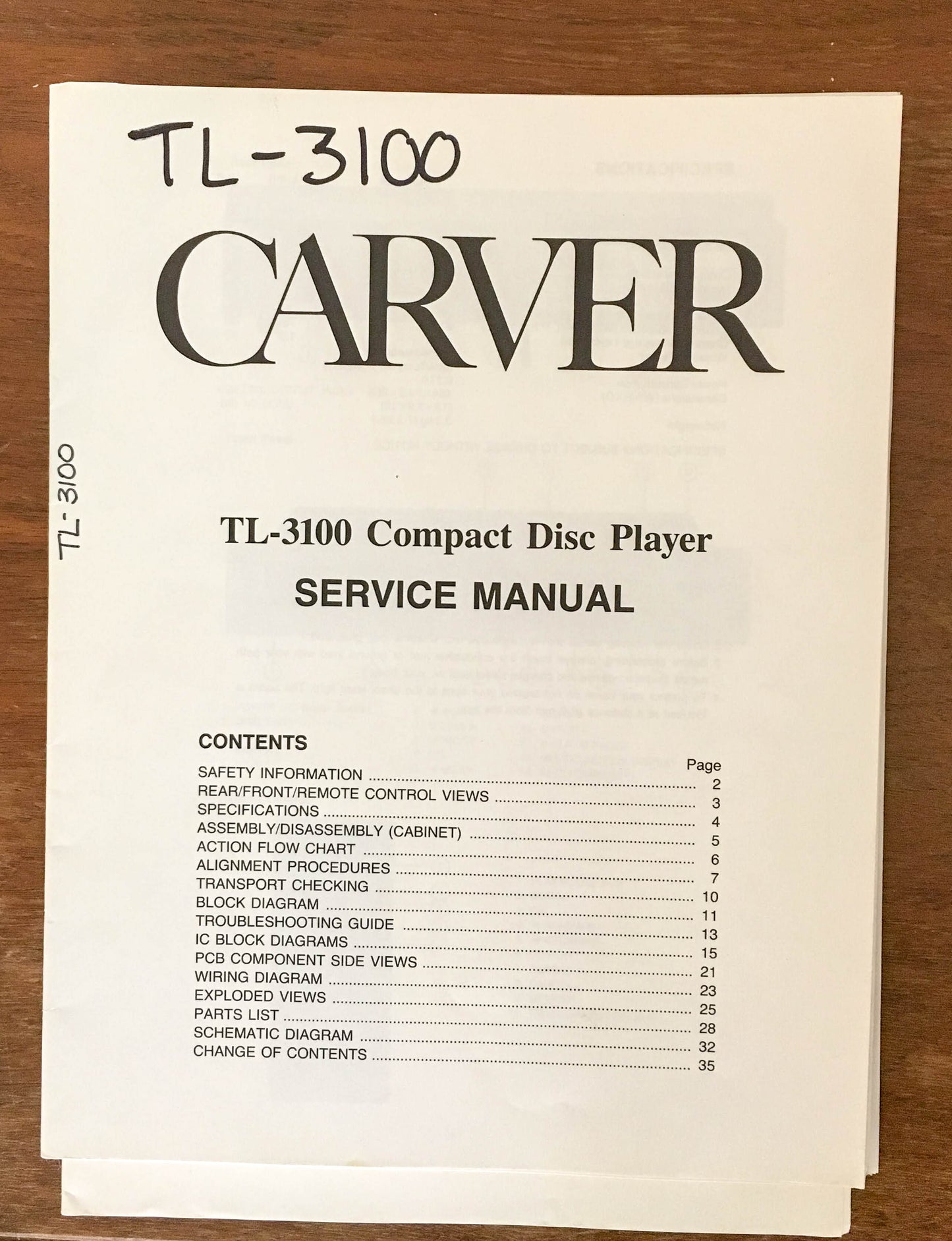 Carver TL-3100 CD Player  Service Manual *Original*