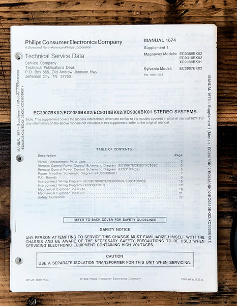 Magnavox / Sylvania EC9830 EC9310 XC9380 EC3907 Stereo  Service Manual Orig