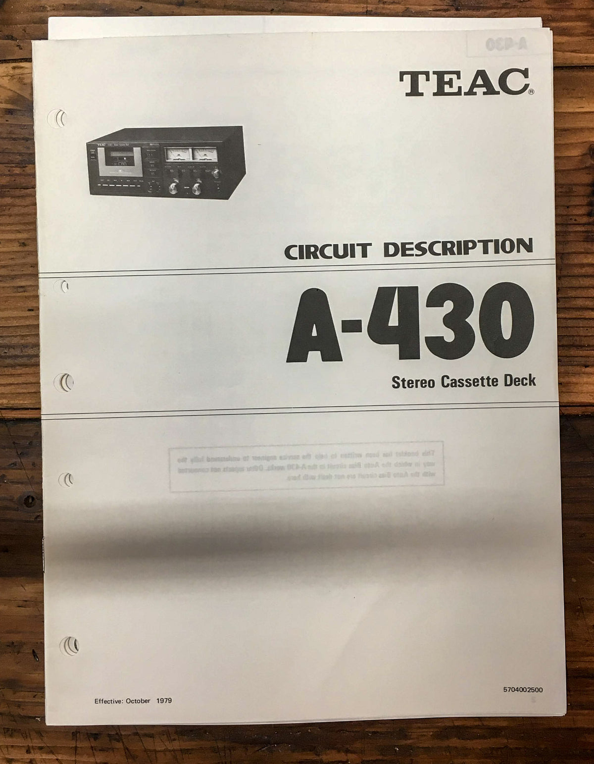 Teac A-430 Cassette Deck  Circuit Description Manual *Original*