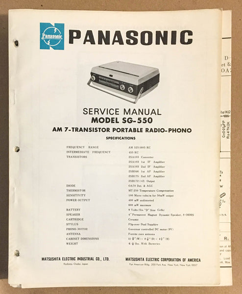 Panasonic SG-550 Radio / Record Player   Service Manual *Original*
