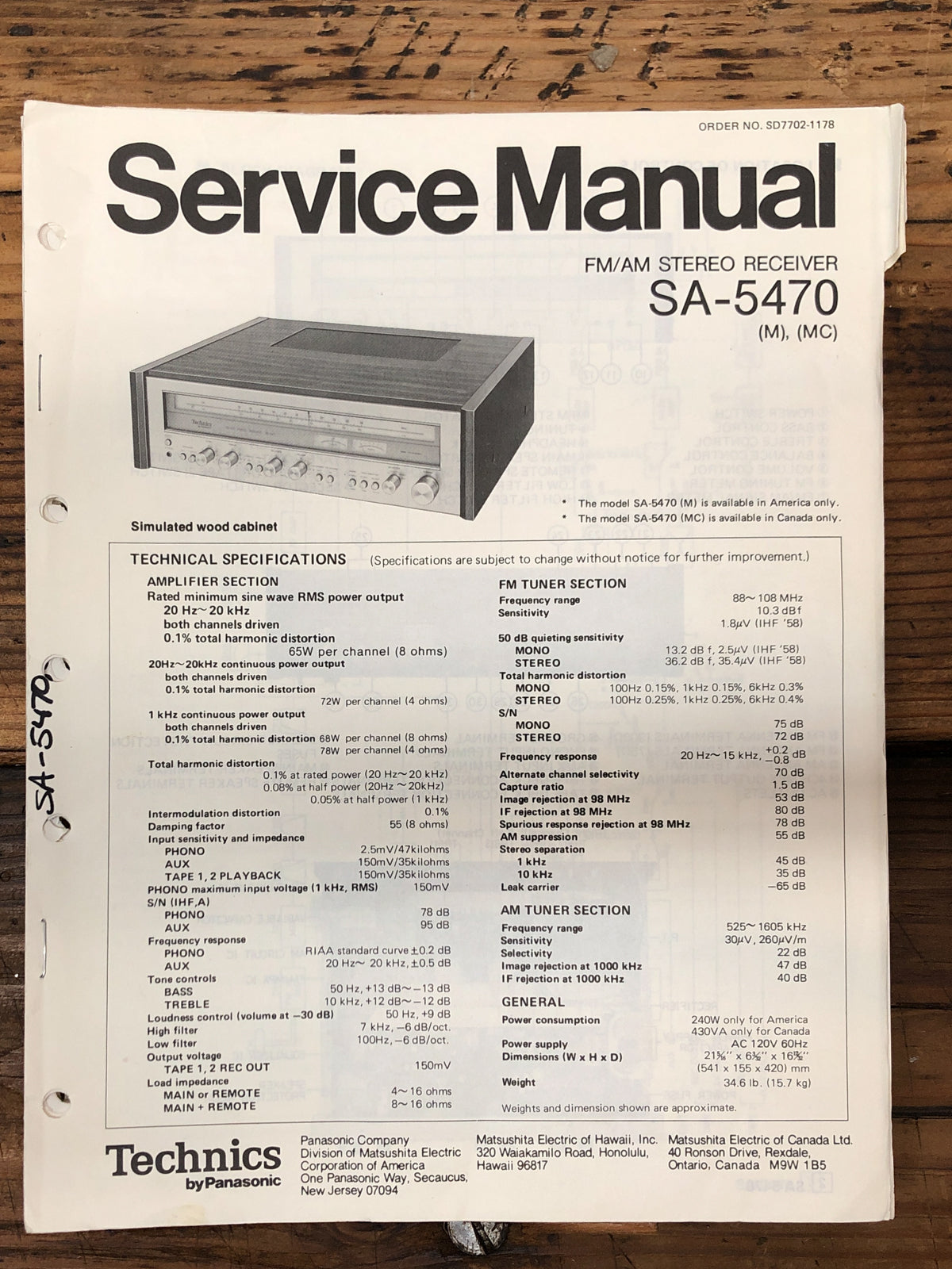 Technics SA-5470 Receiver  Service Manual *Original*