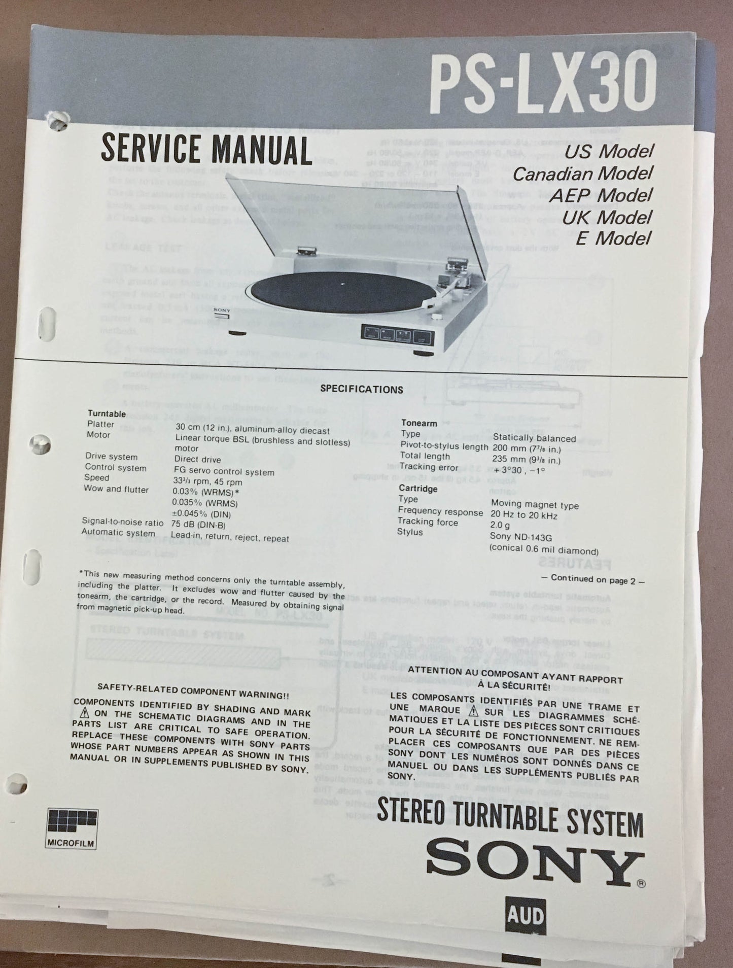 Sony PS-LX30 Turntable Record Player  Service Manual Supplement *Original*