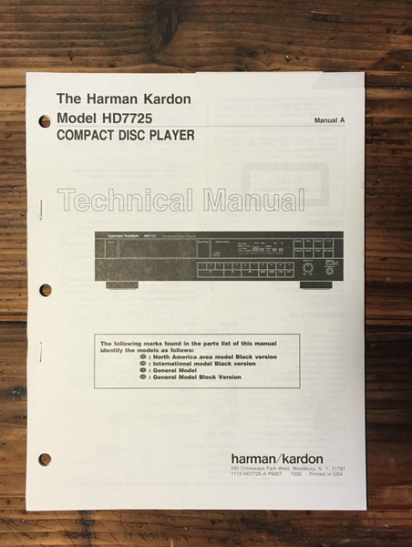 Harman Kardon HK HD7725 HD-7725 CD Player Service Manual *Original*