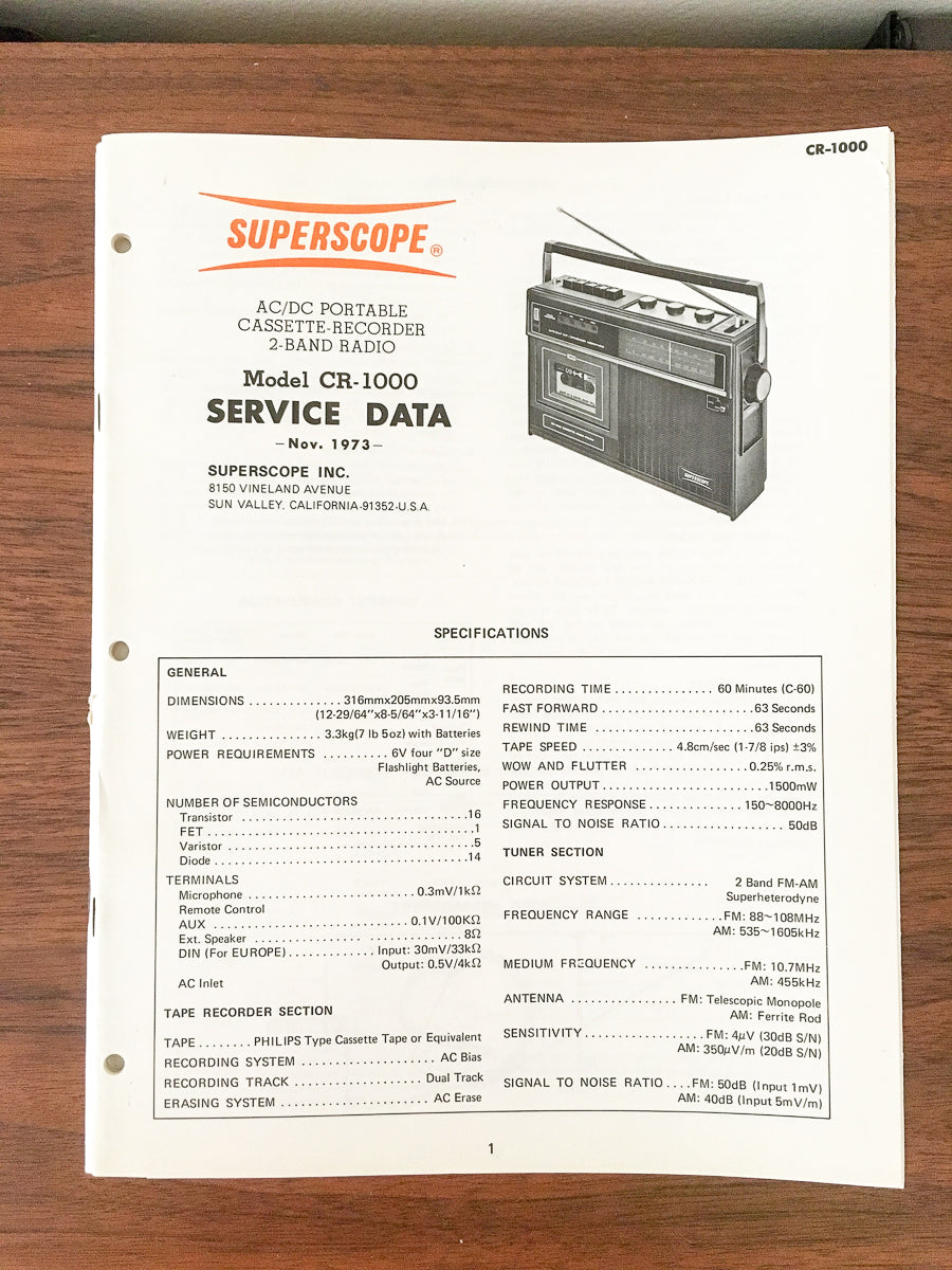 Superscope / Marantz CR-1000 Radio / Stereo Service Manual *Original*