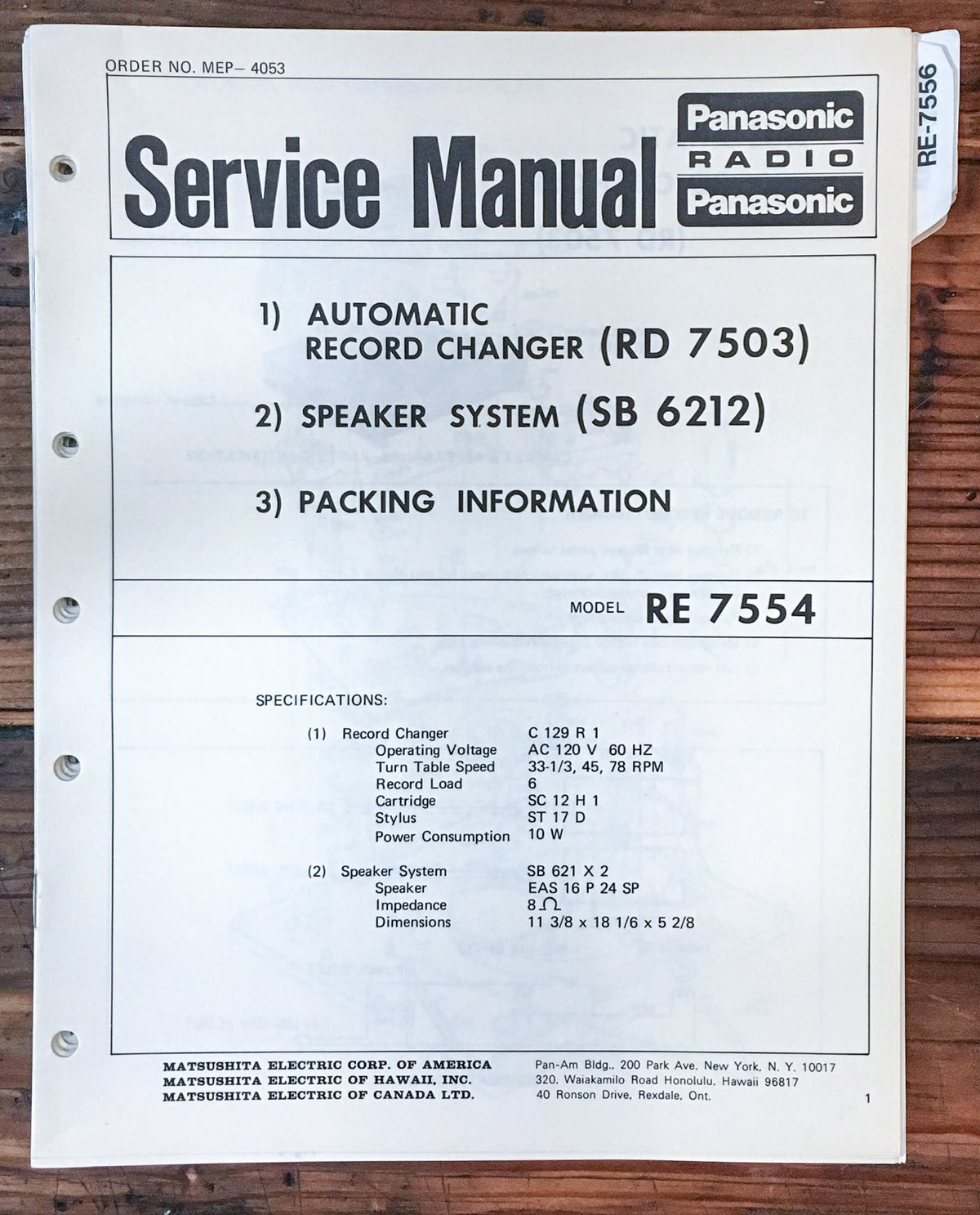 Panasonic RE-7554 RD-7503 SB-6212 Radio  Service Manual *Original*